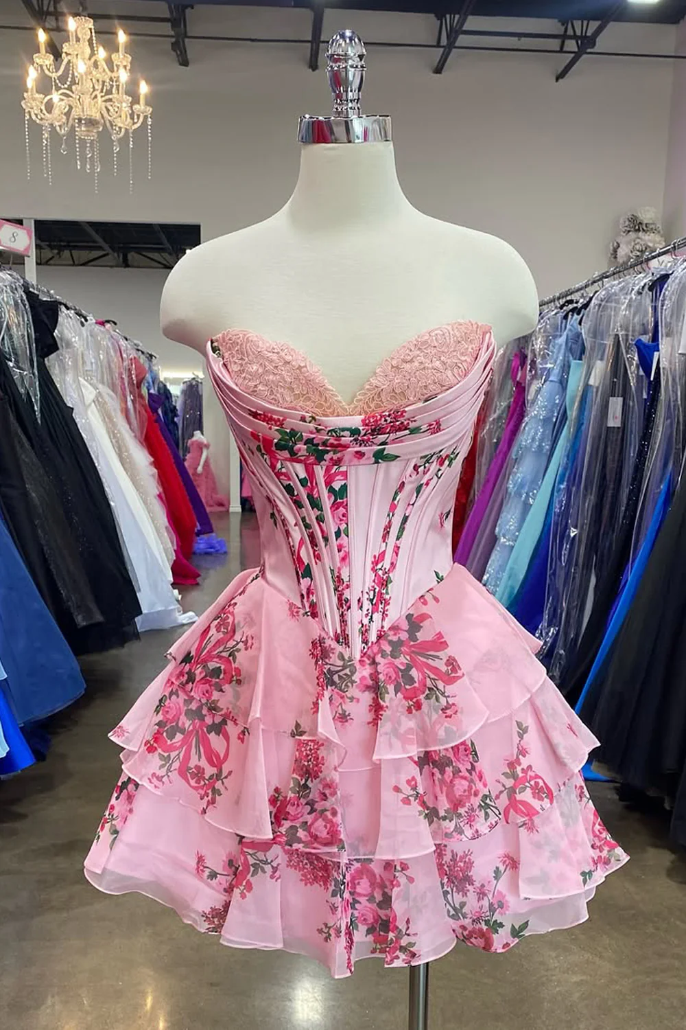 Cute A Line Sweetheart Floral Chiffon Tiered Homecoming Dresses