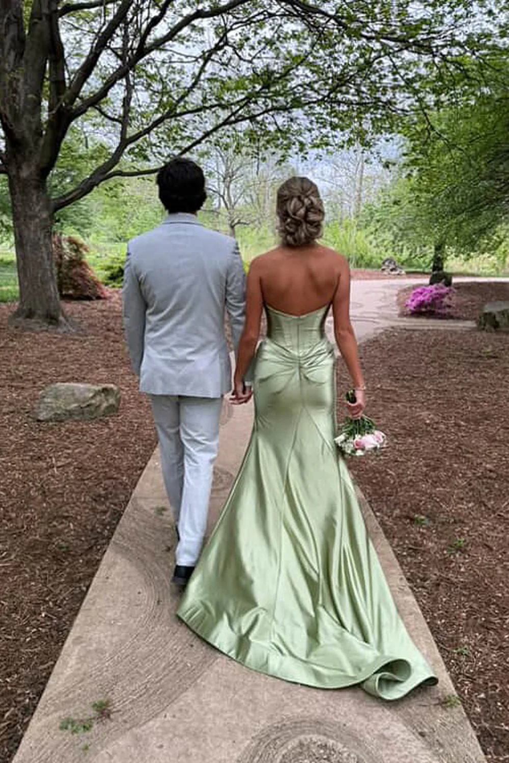 Cute Mermaid Halter Saga Green Satin Long Prom Evening Dresses with Slit