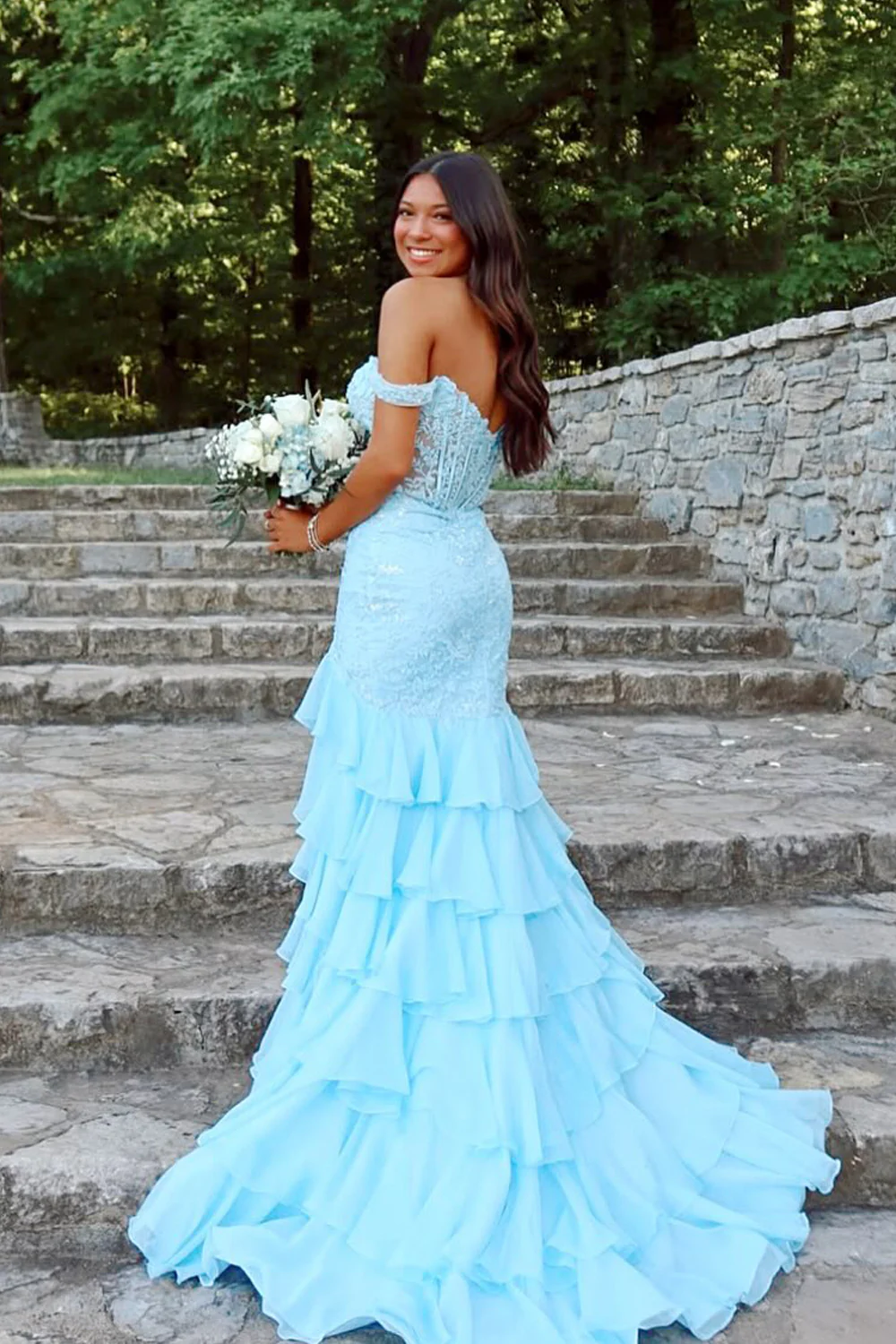 Cute Mermaid Off the Shoulder Light Blue Tiered Prom Dresses with Slit
