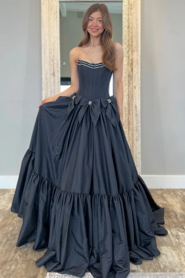Elegant A-Line Boat Neck Sleeveless Pleated Beaded Bow Knot Floor Length Prom Dress Evening Gown Cocktail Dress Formal Dress