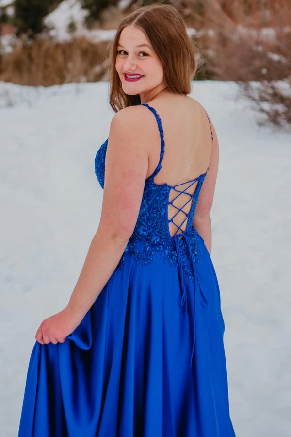 Elegant A-Line V Neck Spaghetti Straps Sleeveless Fully Beaded Appliques Lace Up Floor Length High Side Slit and Train Evening Formal Gown Prom Party Dress