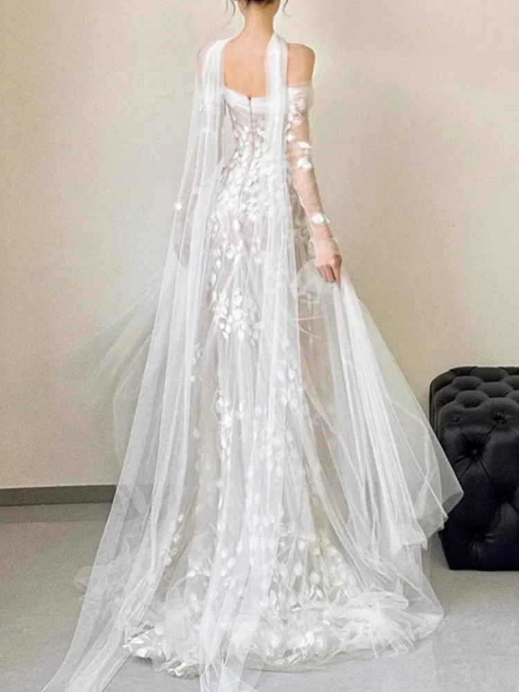 Elegant Dress Slash Neck Flower Lace Gauze Ribbon Mermaid Slim Women's Evening Party Dresses