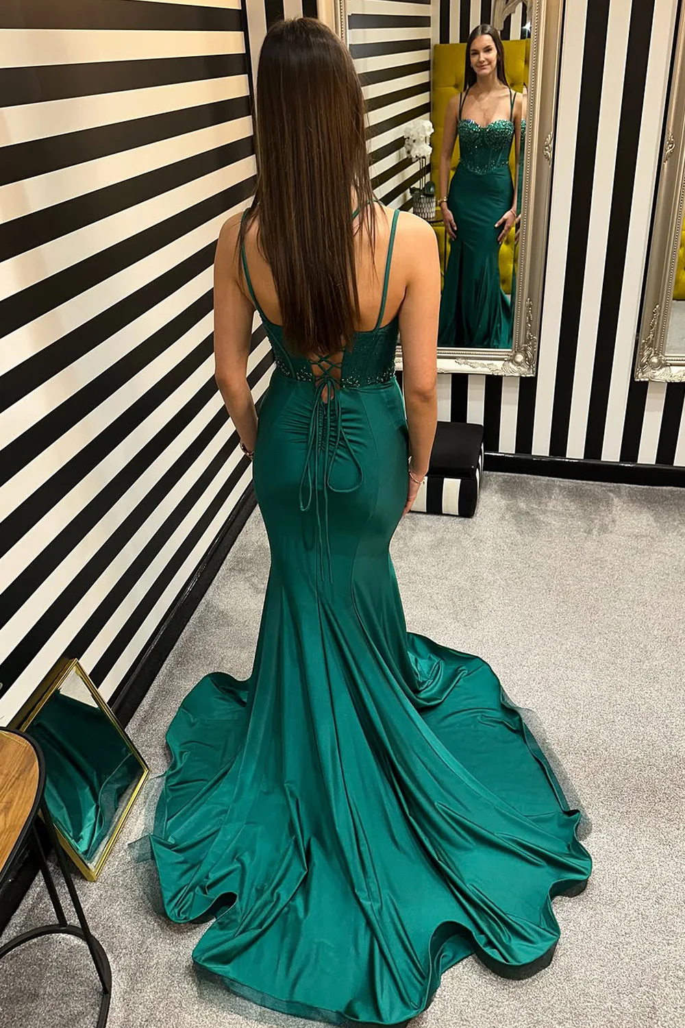 Elegant Mermaid Straps Dark Green Satin Prom Dress with Beaidng