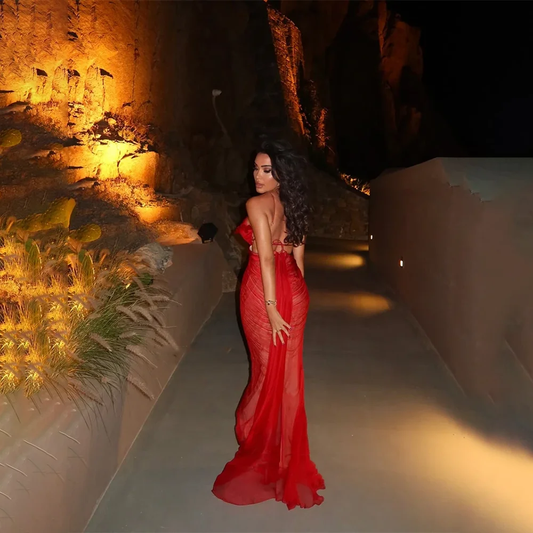 Elegant Ruffed Prom Dresses Arabic Customized Sleeveless Pleat Mermaid Tulle Evening Gown Party Dress