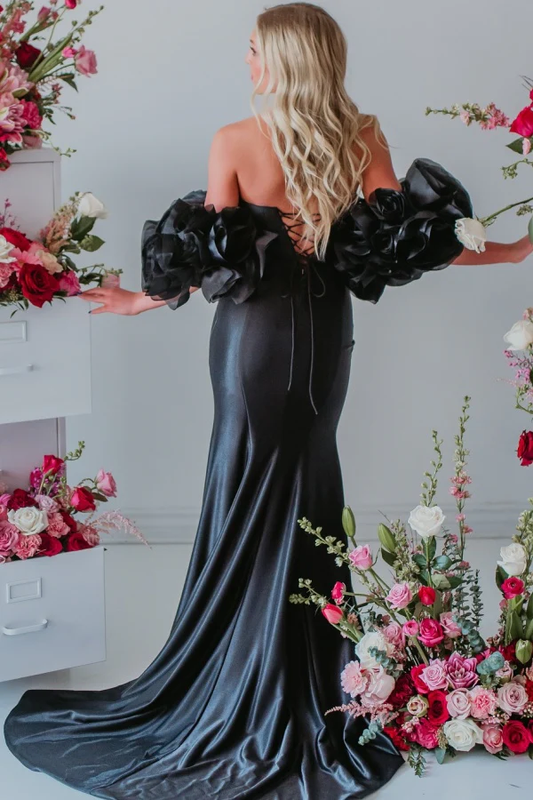 Elegant Sheath Strapless Sleeveless Detachable 3D Flowers Half Sleeves Back Zipper High Side Slit and Train Prom Party Dress Evening Formal Gown
