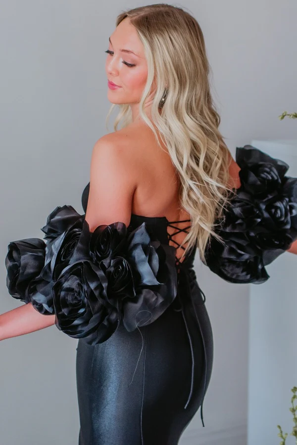 Elegant Sheath Strapless Sleeveless Detachable 3D Flowers Half Sleeves Back Zipper High Side Slit and Train Prom Party Dress Evening Formal Gown