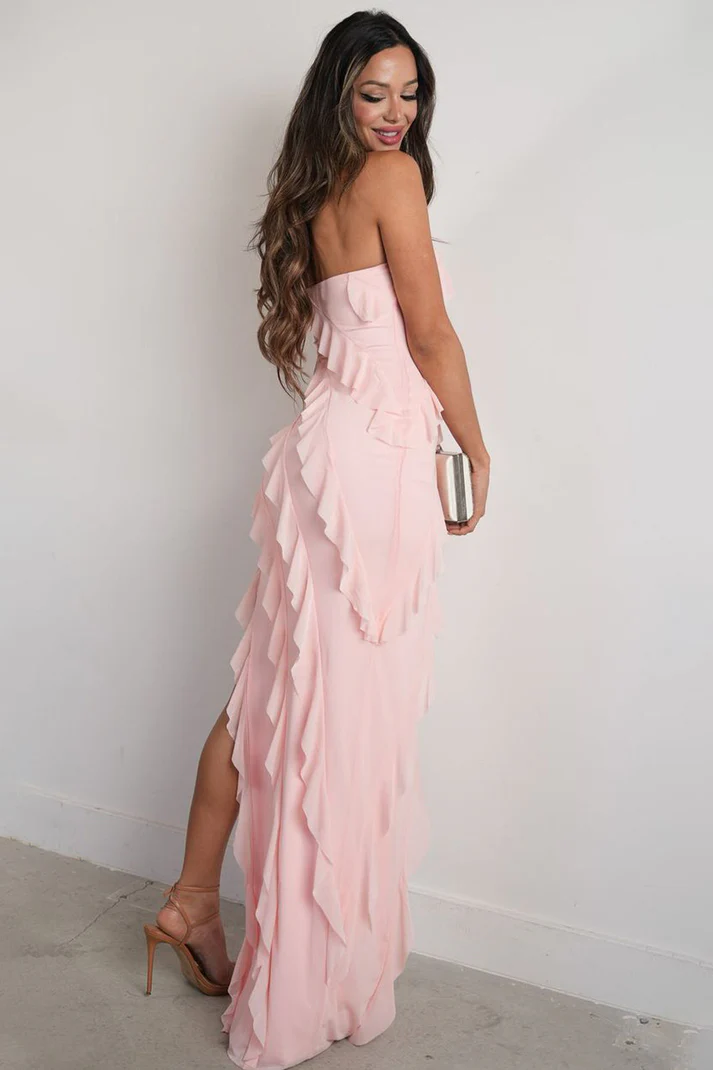 Fashion Sheath Strapless Pink Long Prom Dress with Ruffles