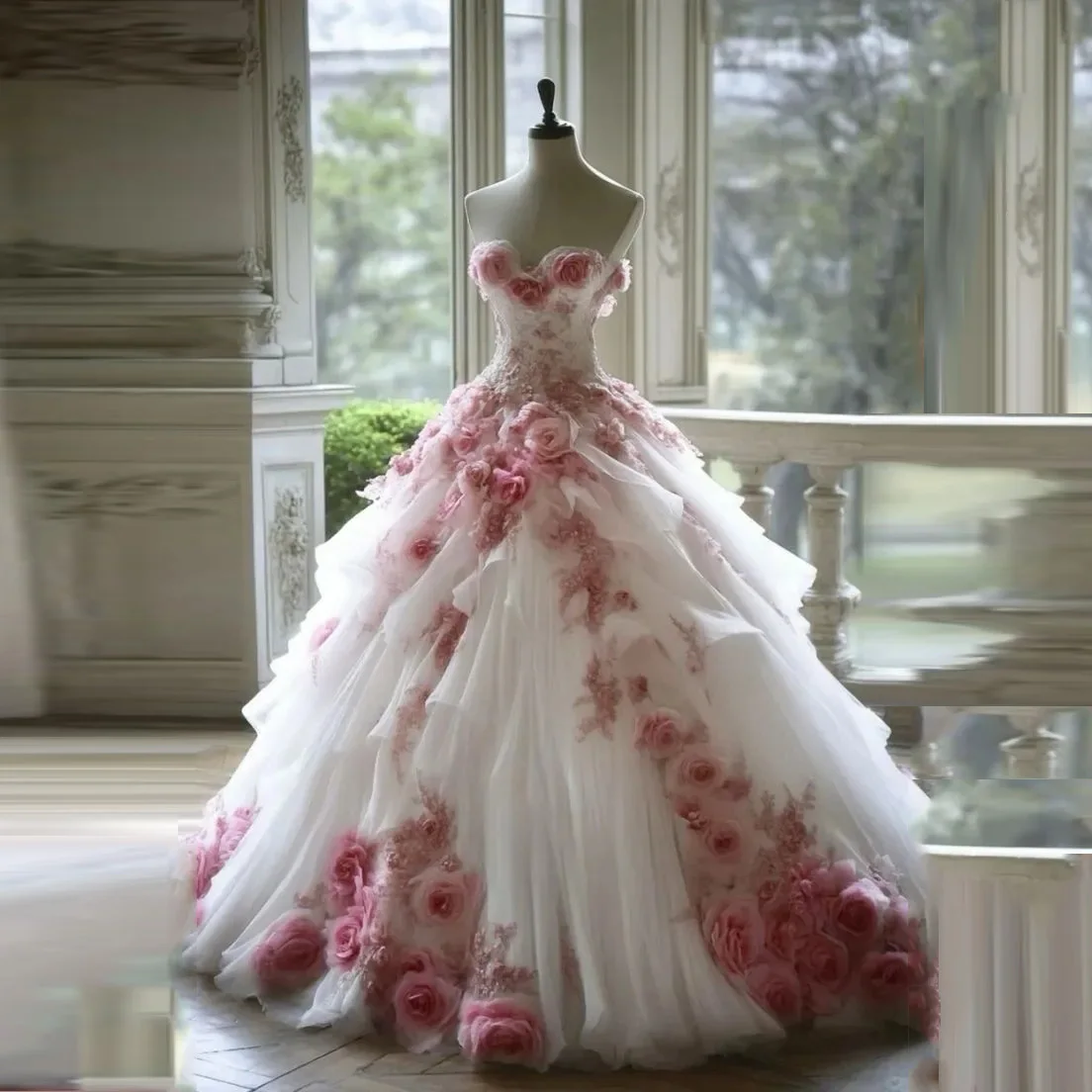 Floral Bridal Dress Sweetheart Off Shoulder Tulle White Pink Prom Gowns Long 3D Flowers Maxi Dresses Draped Pleated