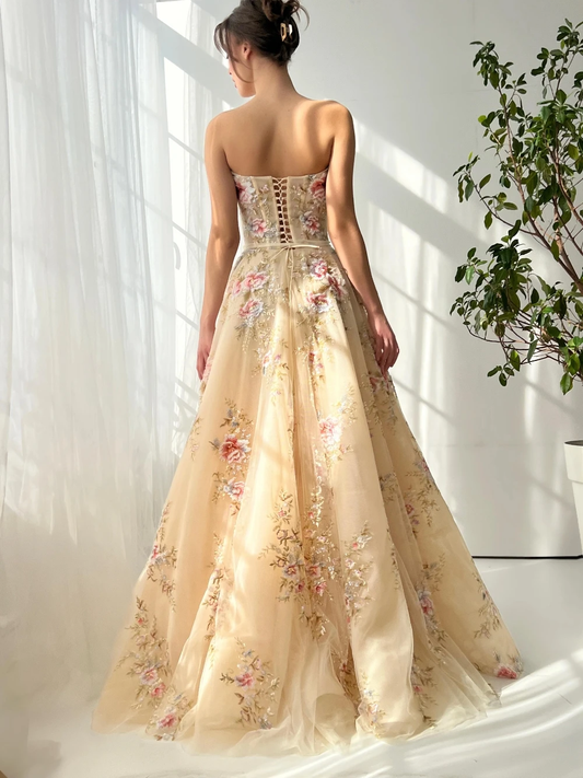 Floral Formal Evening Dress Women Strapless Spaghetti Straps Lace-up Back A Line Gown For Prom Wedding Guest Graduation Party