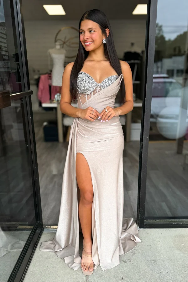 Glitter Sheath Strapless Sleeveless Pleated Beaded Prom Party Dress Evening Gown High Side Slit and Train Lace Up Cocktail Dress
