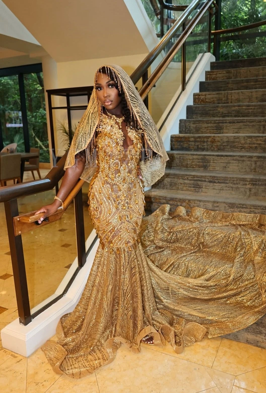 Glittle Gold Long Prom Dresses 2026 Luxury Mermaid Beaded Rhinestones African Formal Evening Party Gala Birthday Gown Customized