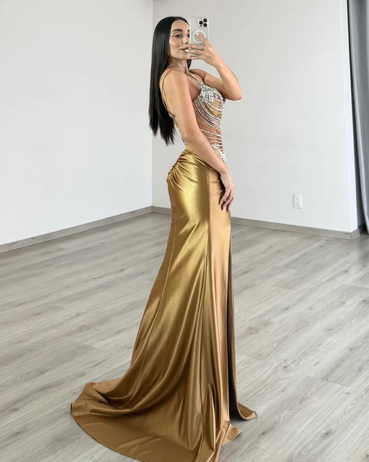 Gold Satin Beaded Long Prom Dresses for Women Mermaid Evening Gowns