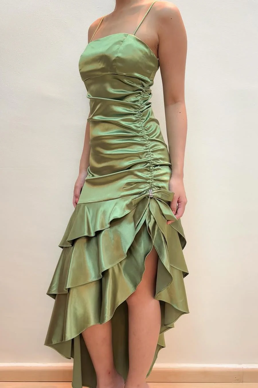Green Spaghetti Straps Ruffles Sleeveless Long Prom Dress with Slit