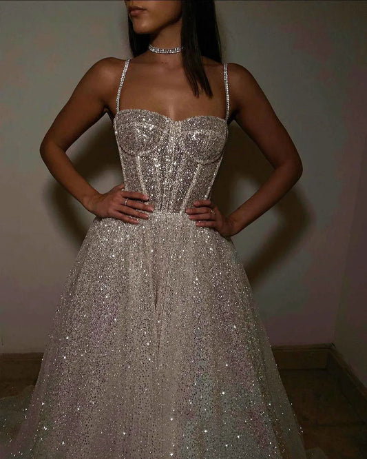 Customized Glitter Wedding Dresses Tulle Spaghetti Straps Sweetheart Sparkle Bride Gowns Lace-up A-line