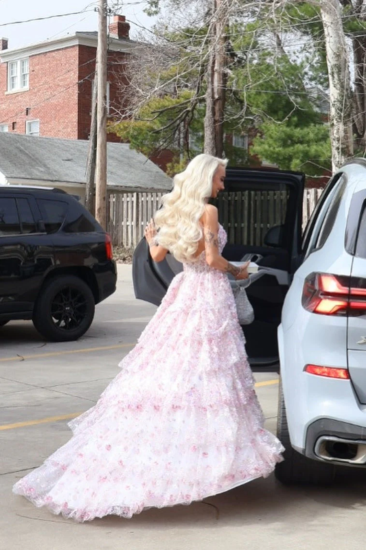 Lavender Halter V-neck Sequin Tulle Ruffles Prom Gown