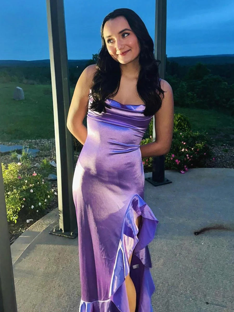 Lavender Mermaid Straps Cowl Neck Satin Long Prom Dress