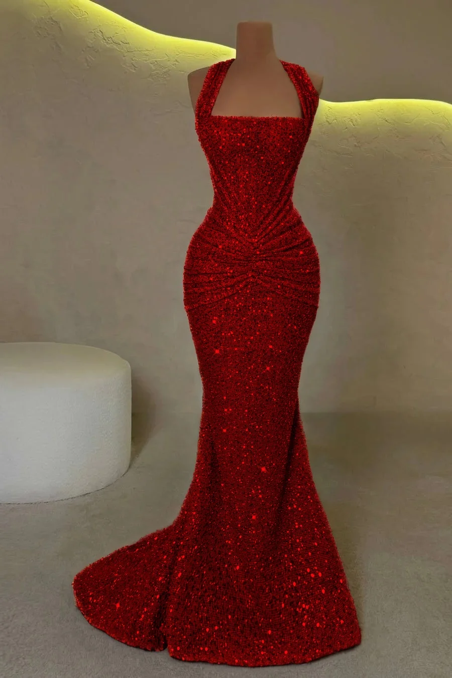 Luxurious Gold Halter Sleeveless Pleated Sequins Mermaid Prom Dress