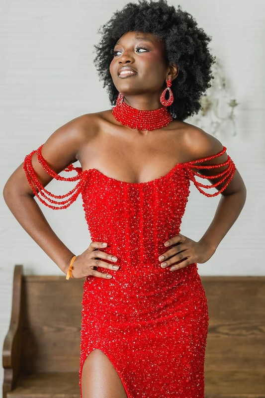 Mermaid Off the Shoulder Red Sequins Long Prom Dresses with Slit