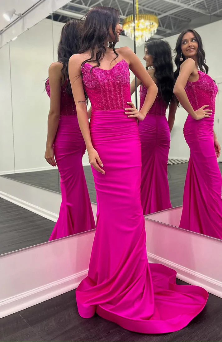 Mermaid Satin Corset Sequin Beaded Long Prom Dresses for Women Evening Party