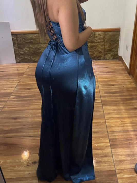 Mermaid Satin V Neck Prom Dresses Long Corset Lace Evening Party Gowns with Split