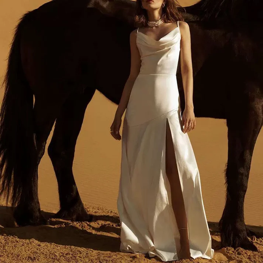 Mermaid Spaghetti Straps Floor-length White Slit Evening Dress Prom Dresses