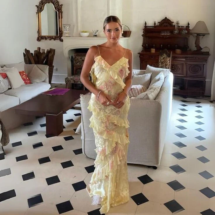 Mermaid Spaghetti Straps Floor Length Floral Yellow Chiffon Evening Dress Prom Dresses