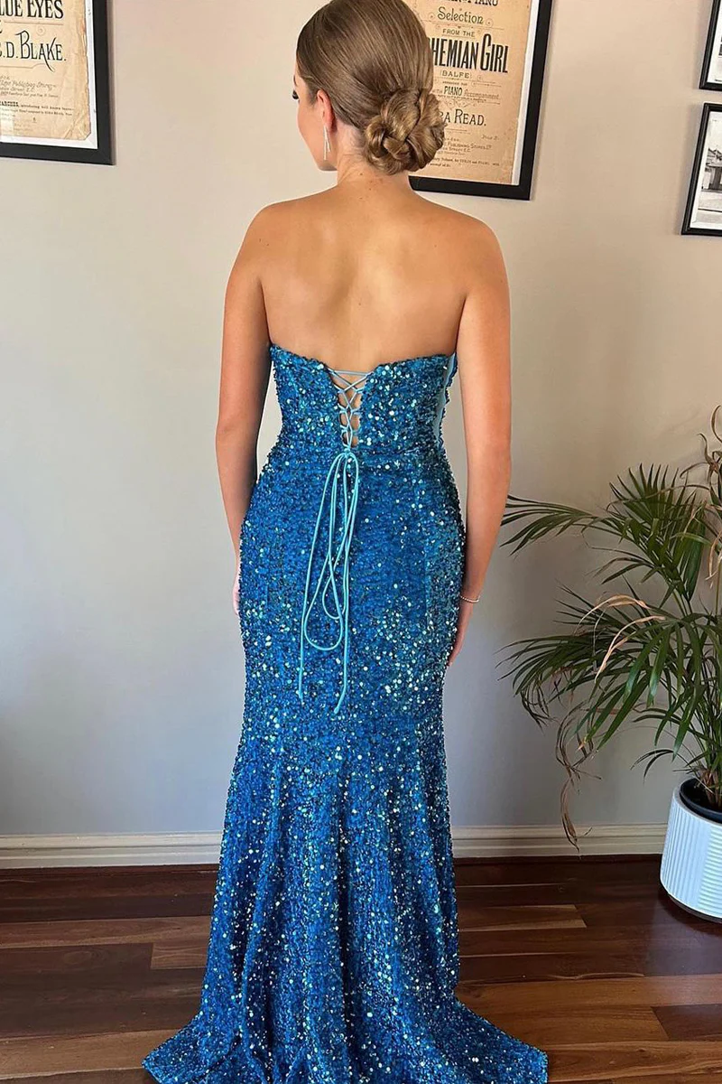 Mermaid Strapless Blue Sequins Long Prom Dresses