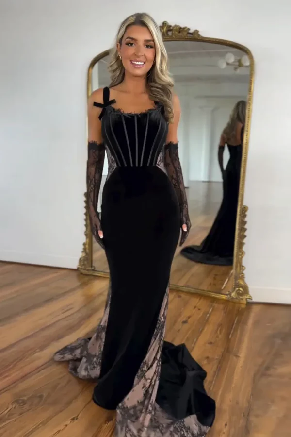 Mermaid Strapless Straps Velvet Lace Black Prom Dress with Train