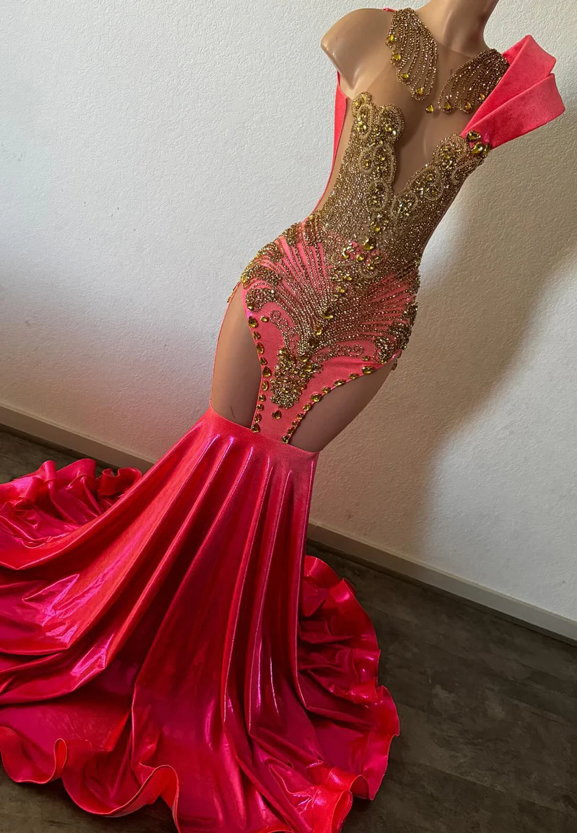 Mermaid V-Neck Beaded Pleated Prom Dress for Black Girls