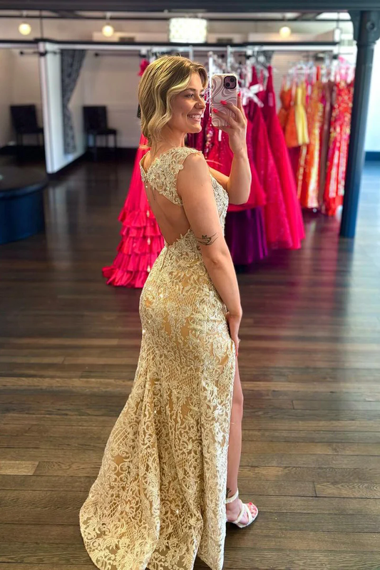 Mermaid V Neck Champagne Lace Long Prom Dresses with Slit