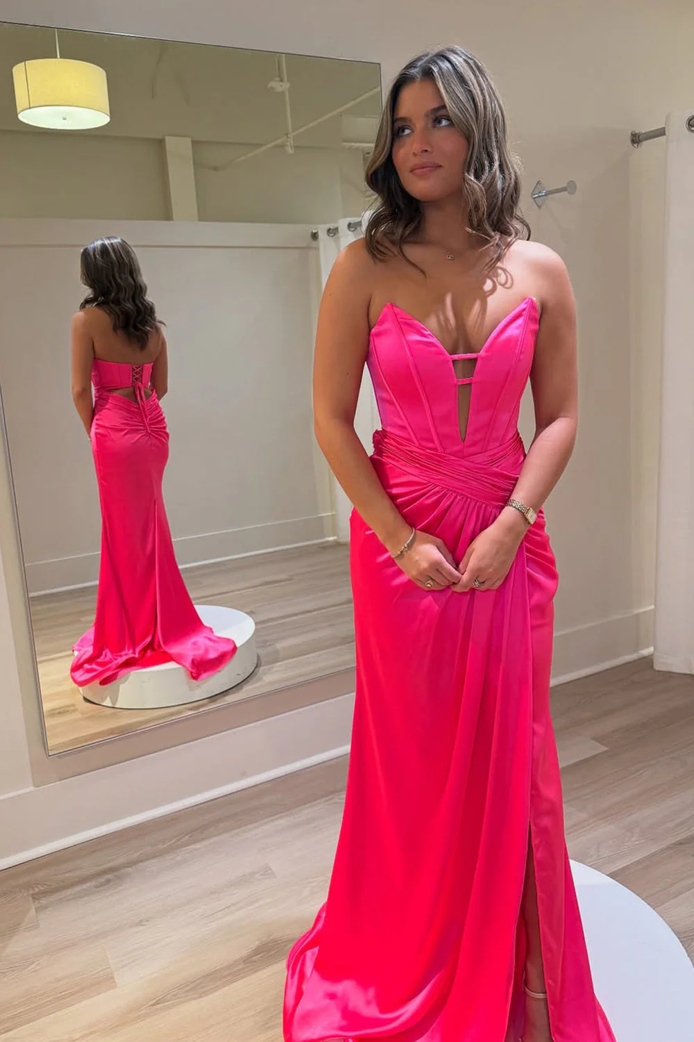 Mermaid V Neck Hot Pink Satin Prom Dress with Slit