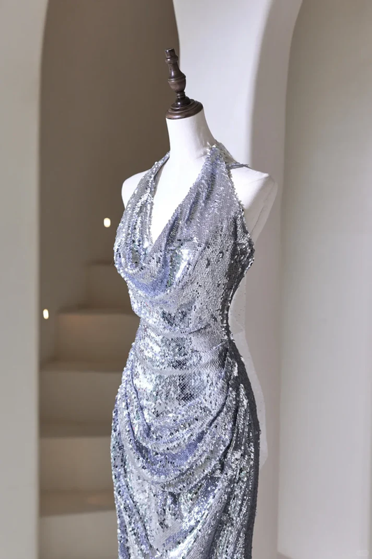 Modest Mermaid Halter Silver Sequins For Women Party Dress Long Formal Prom Dresses 22th Birthday Outfits