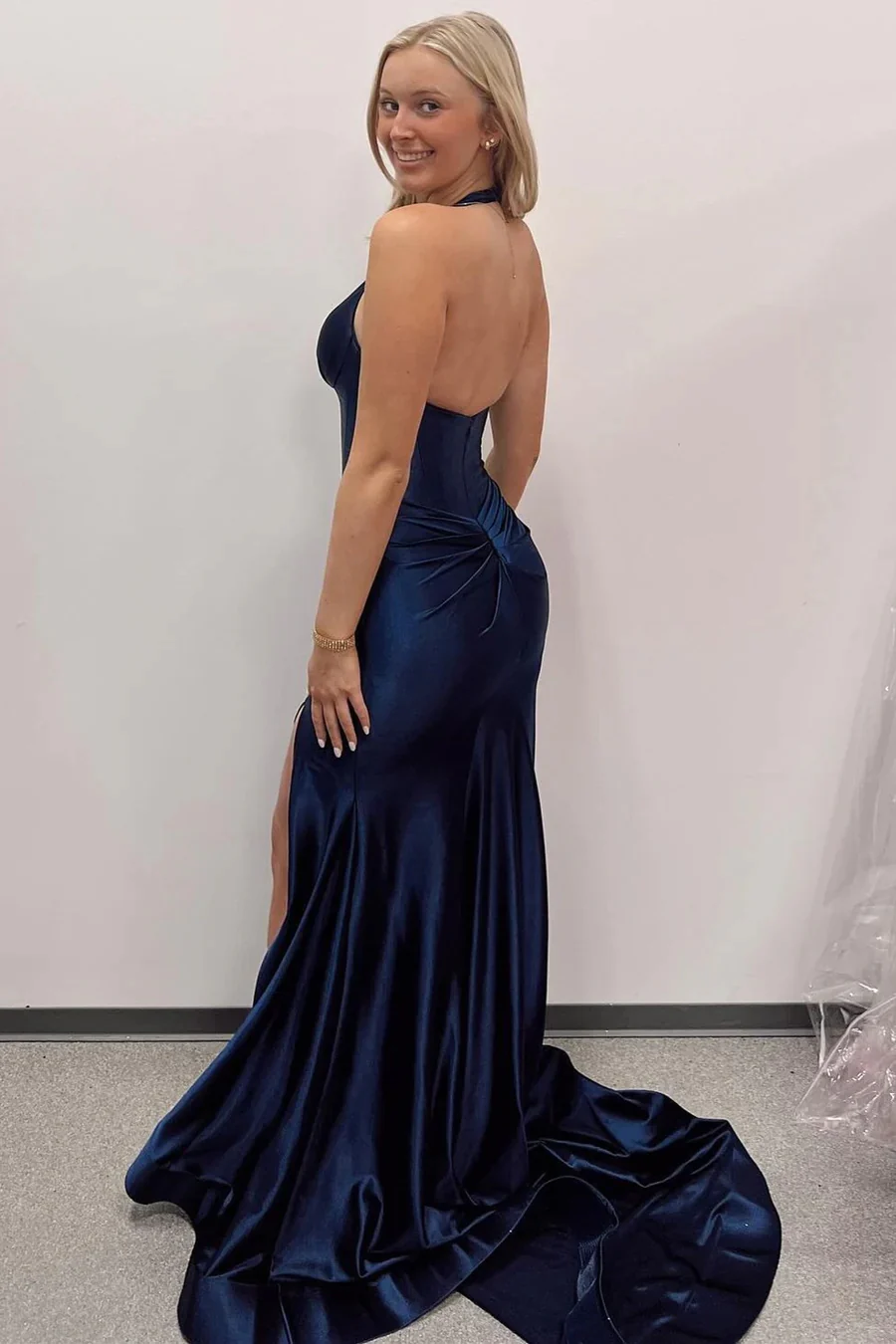 Navy Halter Mermaid Long Prom Dress with Slit