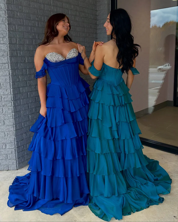 Off Shoulder A Line Chiffon Ruffled Long Prom Dresses Corset Beaded Party Gowns for Women