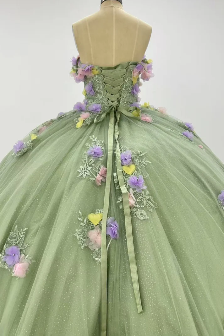 Off Shoulder Sleeveless 3D Flower Appliques Sage Green Sweet 15 Quinceañera Dress