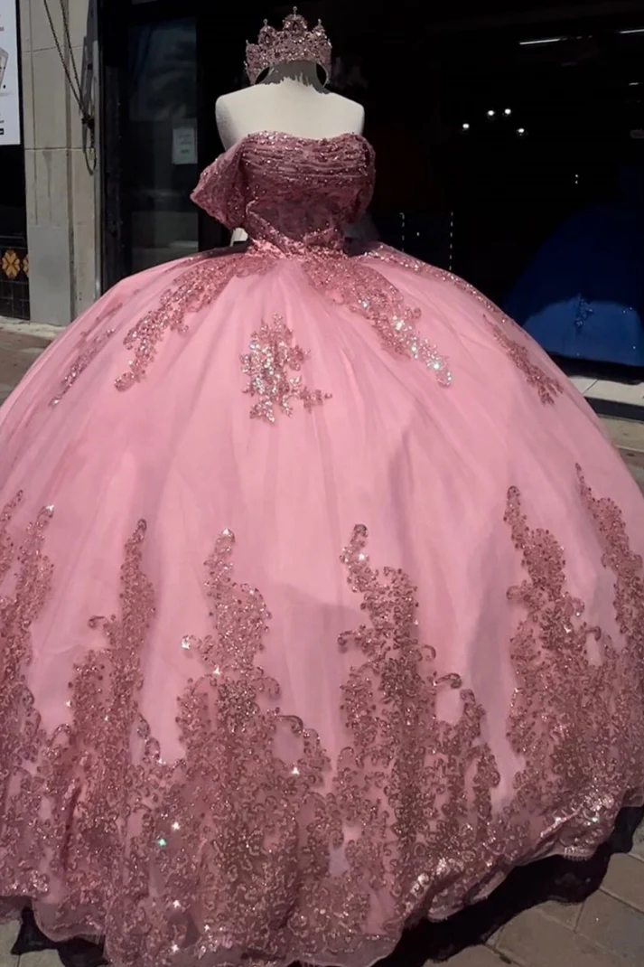 Ball Gown Off Shoulder Sleeveless Beaded Appliques 3D Flowers Ruffles Tiered Sparkly Pink Tulle Quinceanera Dress Birthday Party Dress For Sweet 16 main image 0