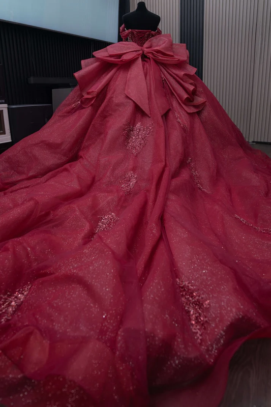 Off Shoulder Sleeveless Beaded Appliques Ruffles Burgundy Sweet 15 Quinceañera Dress