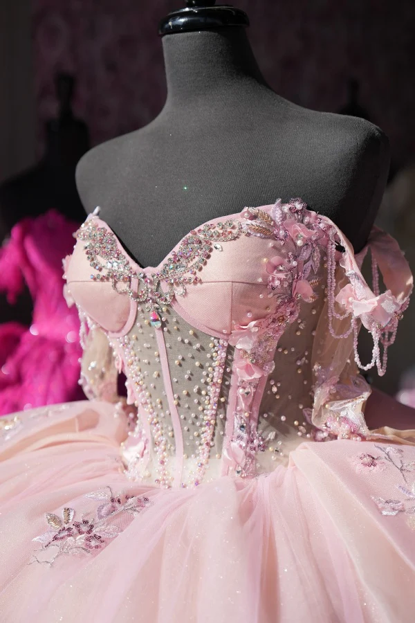 Off Shoulder Sleeveless Beaded Crystal Appliques Pink Sweet 15 Quinceanera Dress