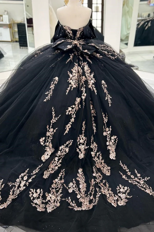 Off Shoulder Sleeveless Beaded Gold Appliques Bow Knot Balck Quinceanera Dress