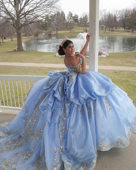 Off Shoulder Sleeveless Beaded Sequins Appliques Ruffles Bow Knot Sweet 15 Quinceañera Dress