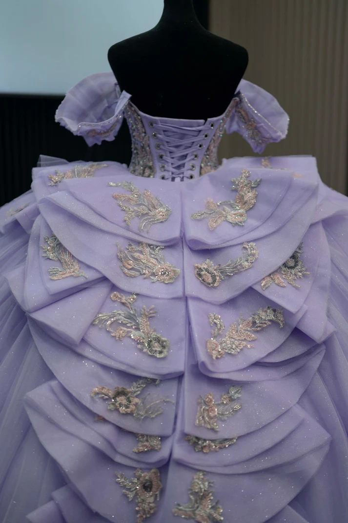 Off Shoulder Sleeveless Beaded Sequins Appliques Ruffles Lilac Sweet 15 Quinceañera Dress