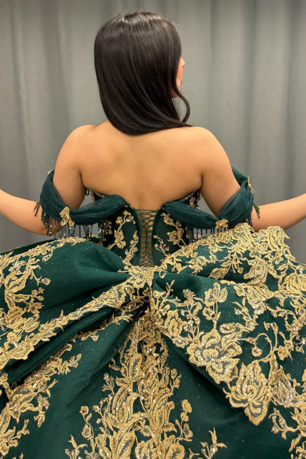 Off Shoulder Sleeveless Gold Sequins Beaded Crystal Dark Green Quinceanera Dress