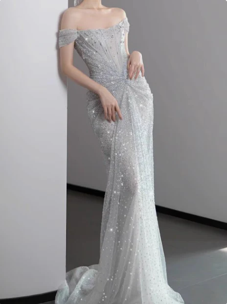 Mermaid Gown💍 Off The Shoulder Tulle Sequins Long Prom Dress for Formal Events