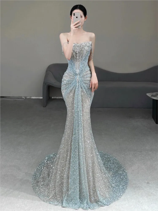 One-shoulder heavy sequined elegant banquet fishtail light luxury niche dress