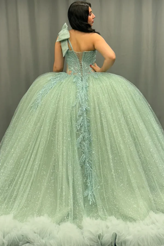 One Shoulder Sleeveless Sequins Beaded Appliques Mint Green Quinceanera Dress for Sweet 16