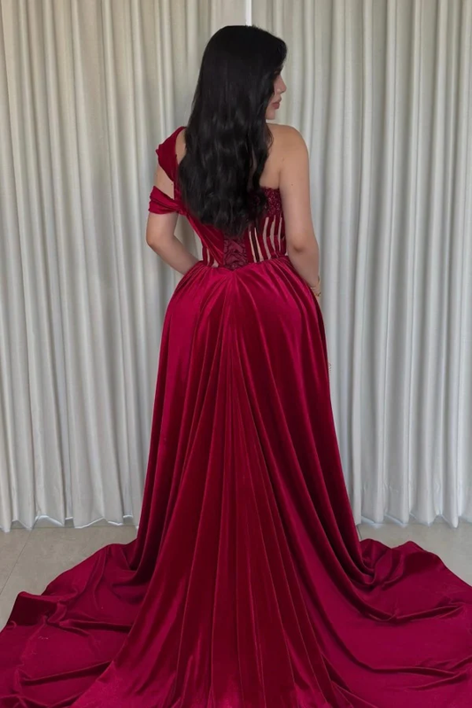 One Shoulder Strapless Appliques Burgundy Velvet High Side Slit Prom Dress