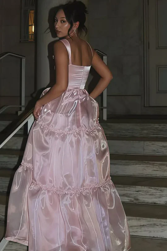 Pink A-Line Straps Scoop Empire-Waist Sleeveless Long Prom Dress