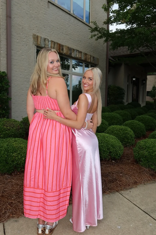 Pink Satin A-Line Lace Bust Long Prom Dress