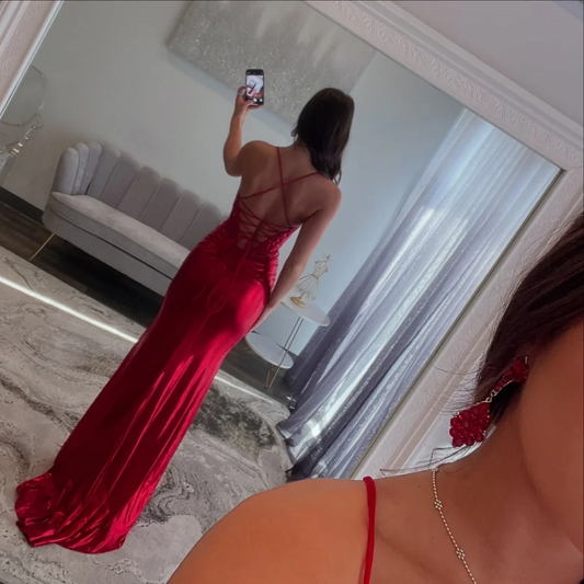 Pleats Spaghetti Strap Mermaid Prom Dresses Side Slit Red Lace-Splicing Sexy Formal Evening Customized