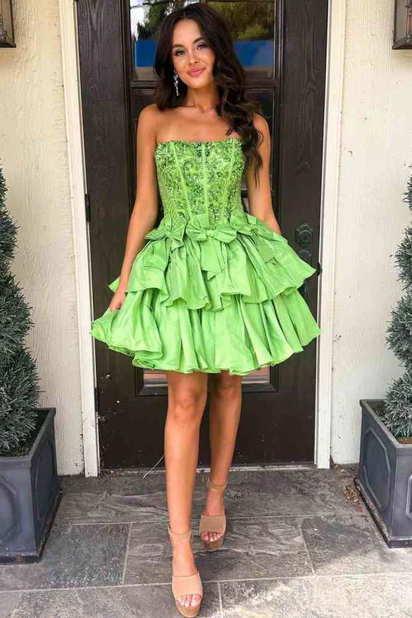 Pretty A-Line Strapless Sage Green Ruffle Short Homecoming Dress